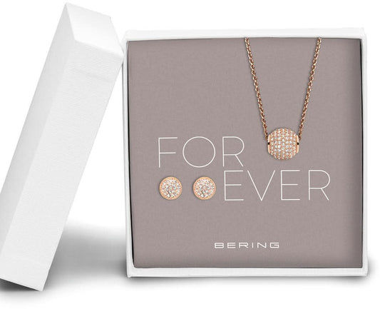 Smyckesset Bering Jewelry med roséguldig halsband, hänge och örhängen, runt