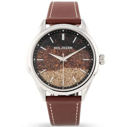 Holzkern Armbanduhr mit braunem Lederarmband und rundem Edelstahlgehäuse, Kaffeebohnen-Zifferblatt.