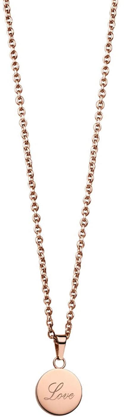 Halsband med roséguldig kedja och rund hängande bricka med texten "Love"