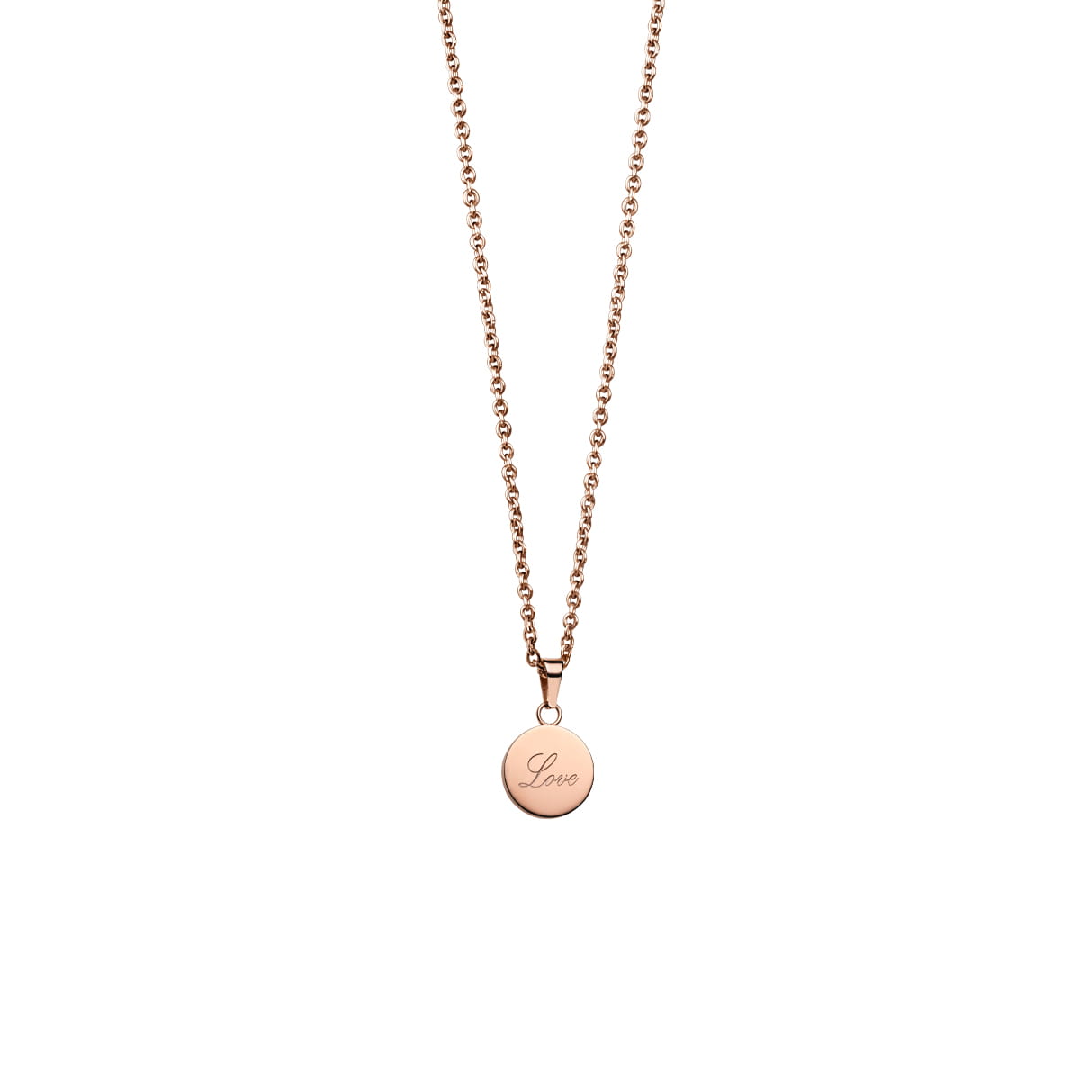 "Halsband med roséguldig kedja och runt hänge med texten \"Love\""