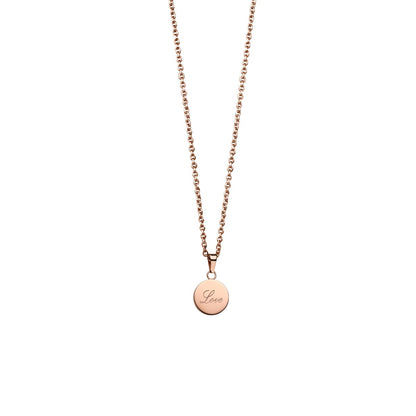 "Halsband med roséguldig kedja och runt hänge med texten \"Love\""