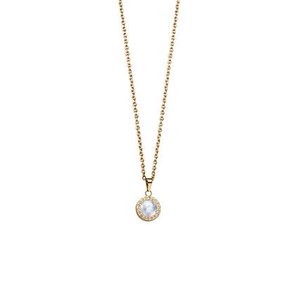 Gyllene halsband med runt hänge och ljus sten