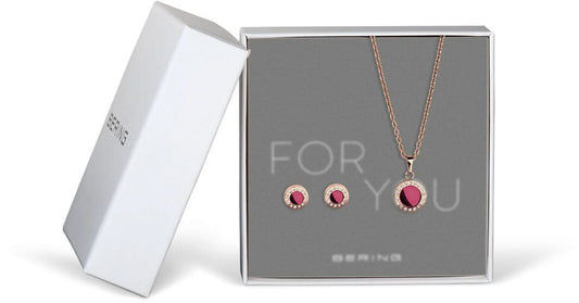 Smyckesset med halsband och örhängen, roséguldpläterad, lila rund berlock, stenar