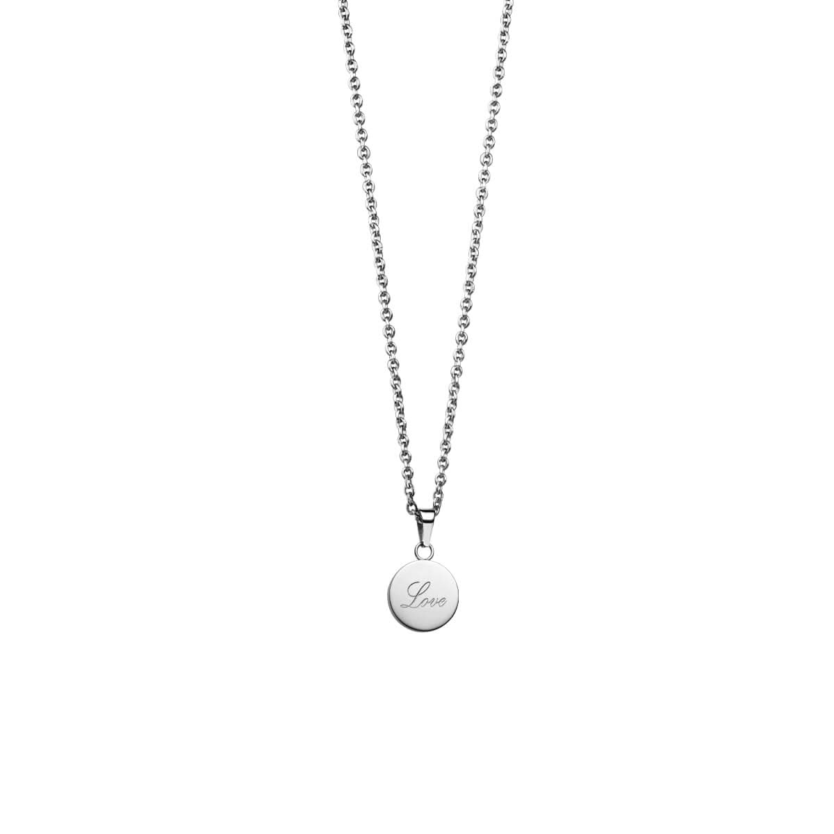 Halsband med rund berlock med präglad text "Love" på en fin pansarkedja