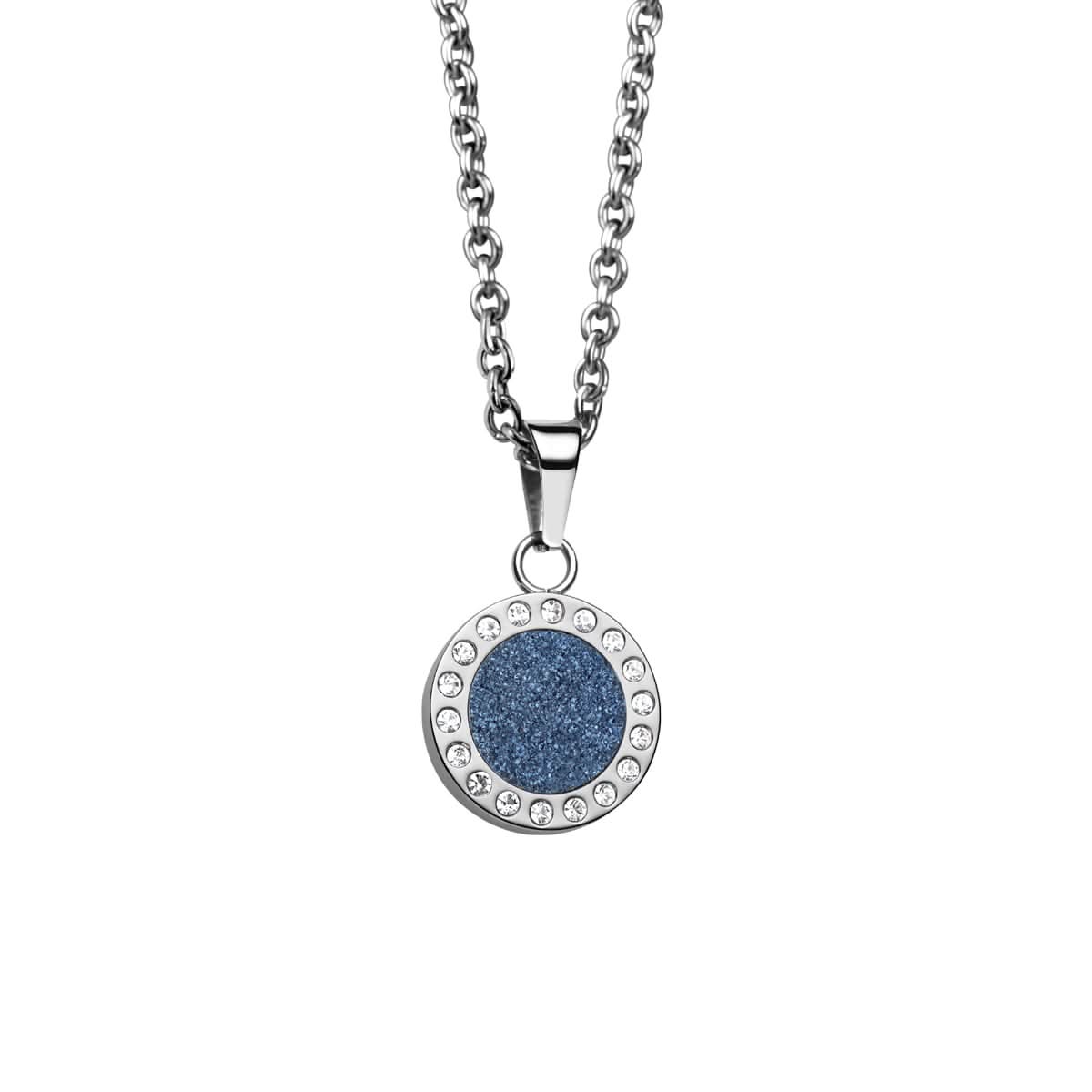 Halsband med rund berlock, blått glitterfält och gnistrande stenar