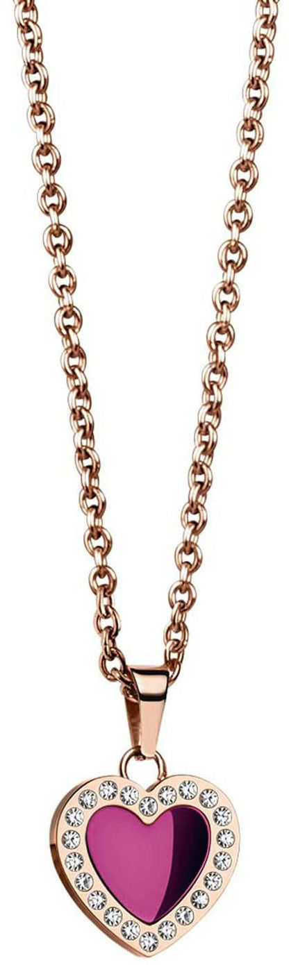 Halsband med hjärthänge: lila hjärta i roséfärgad infattning med gnistrande stenar