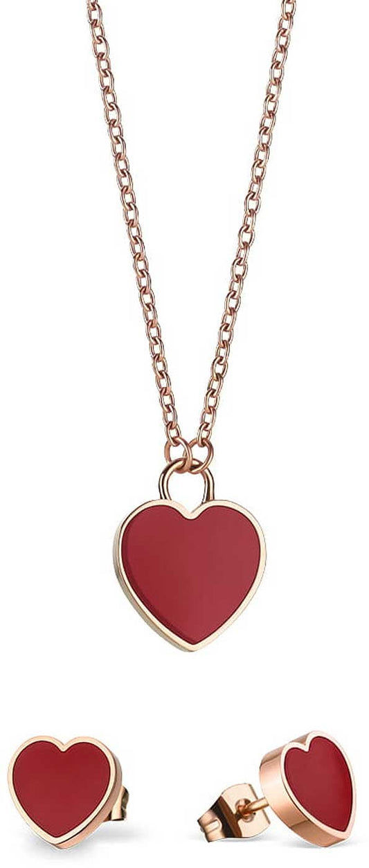 Halsband med hjärthänge och hjärtörhängen, roséfärgat smyckeshalsband
