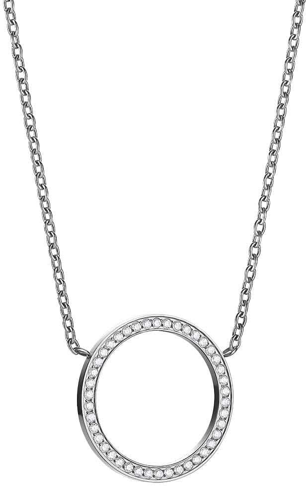 "Halsband i rostfritt stål med rund stenberlock, kedja och berlock framtill."