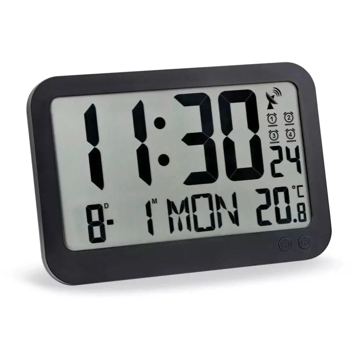 Väggklocka med stor digital display, mörk ram, temperaturvisning och symboler