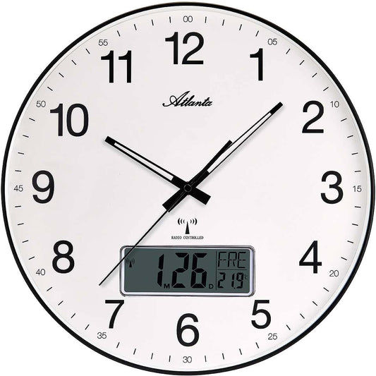 Atlanta väggklocka med vit urtavla, svart ram, analoga visare och digital display.