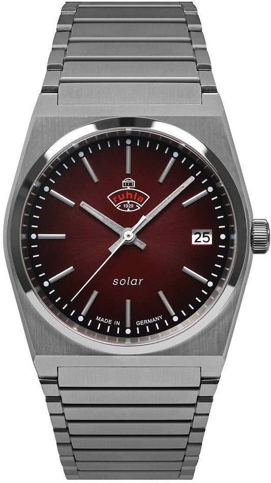 Ruhla damklocka med metallarmband, rund boett, mörk röd urtavla och datum