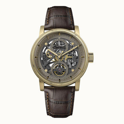 Ingersoll Automatik-Armbanduhr mit grauem Skelettzifferblatt, Lederband, Mineralglas