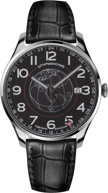 Herrklocka med svart läderarmband och svart urtavla, GMT-24h-skala