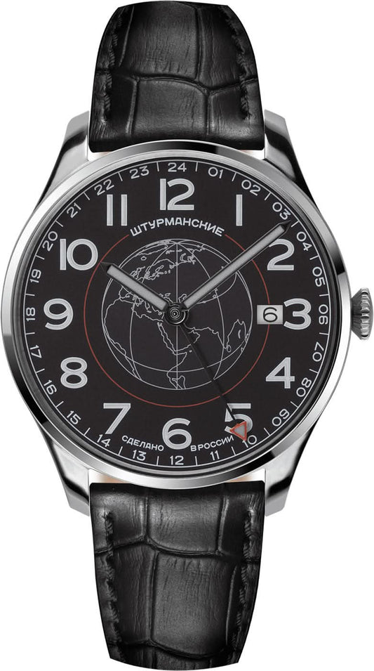 Herrklocka med svart läderarmband och svart urtavla, GMT-24h-skala
