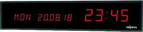 Väggklocka med digital display, svart front och röda siffror