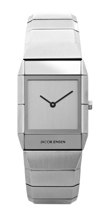 Damklocka med silverfärgat metallhölje och armband, grå urtavla, svarta visare, JACOB JENSEN