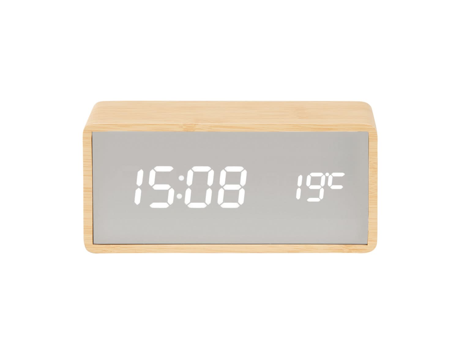LED-spegelväckarklocka med träfodral: Visning 15:00, 19°C