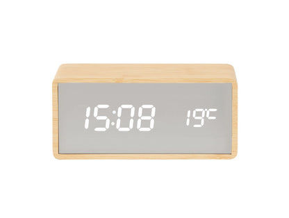 LED-spegelväckarklocka med träfodral: Visning 15:00, 19°C