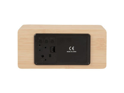 LED-spegelklocka baksida med anslutningspanel och USB-port