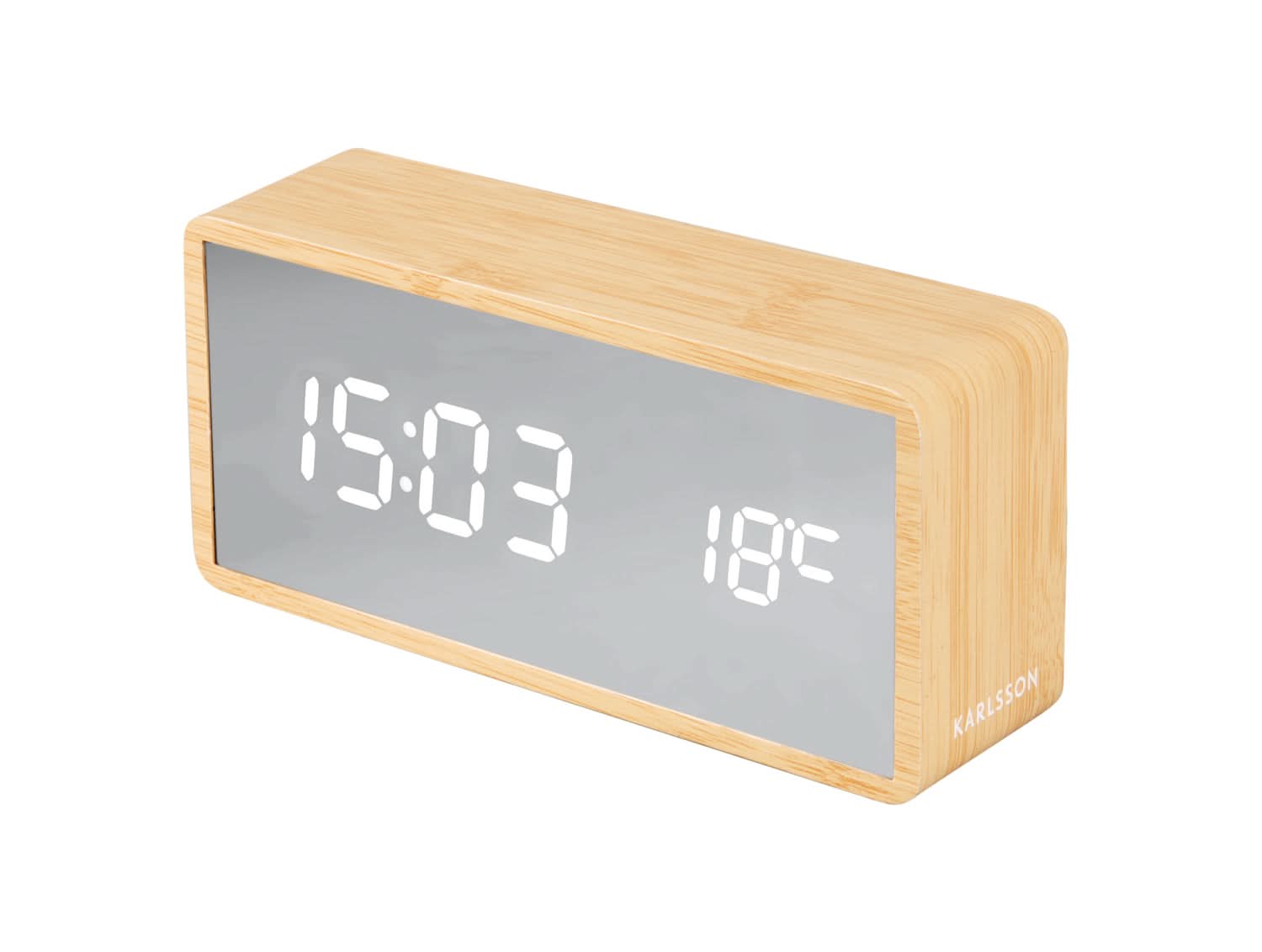 LED-spegelväckarklocka med träfodral: Visning 15:03, 18°C