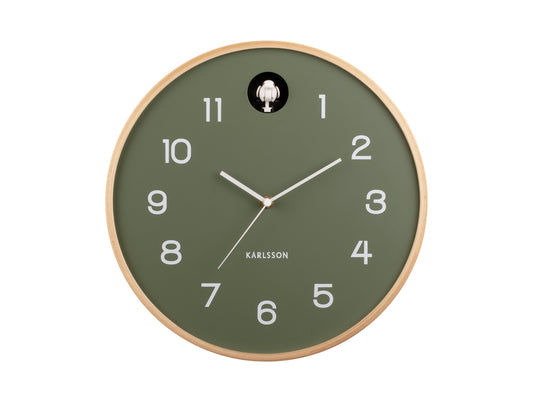 Väggklocka med grön urtavla, beige träram, arabiska siffror, Karlsson