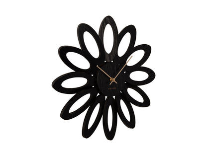 Väggklocka i blomform: svart ram, öppen urtavla med guldfärgade visare