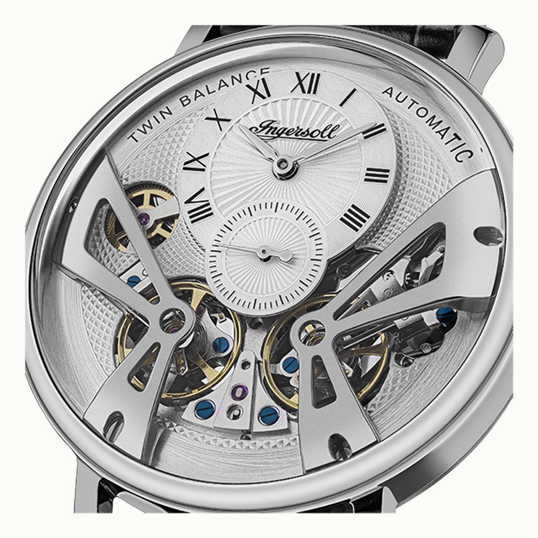 Ingersoll Automatik-Armbanduhr mit silbernem Skelettzifferblatt, römischen Indexen und schwarzem Lederband