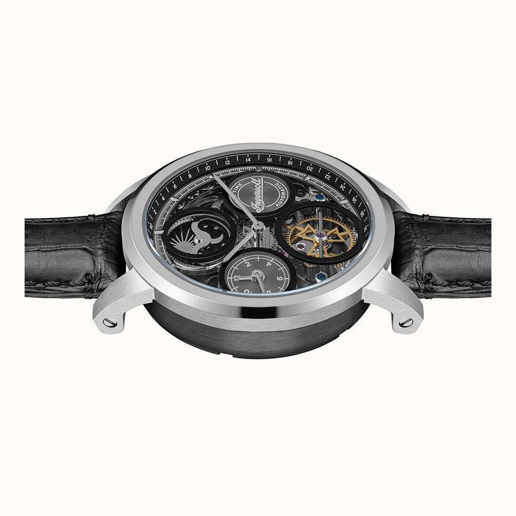 Herren-Armbanduhr Ingersoll mit Skelettwerk-Detail und schwarzem Lederarmband