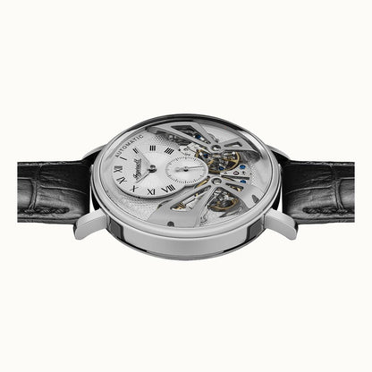 Ingersoll Automatik-Armbanduhr mit silbernem offenem Werk und schwarzem Lederband