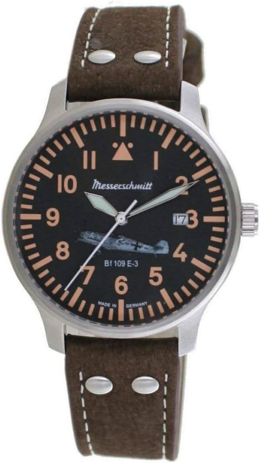 Herrarmbandsur med brunt läderarmband och svart urtavla, analog, pilotmotiv