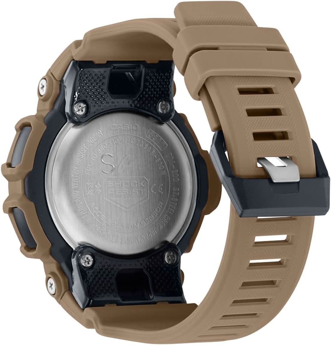 G-Shock herrklocka bakifrån med beige boett och silverfärgad boettbaksida på armbandet