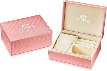 "Festina klocklåda med rosa lock och beige fack"