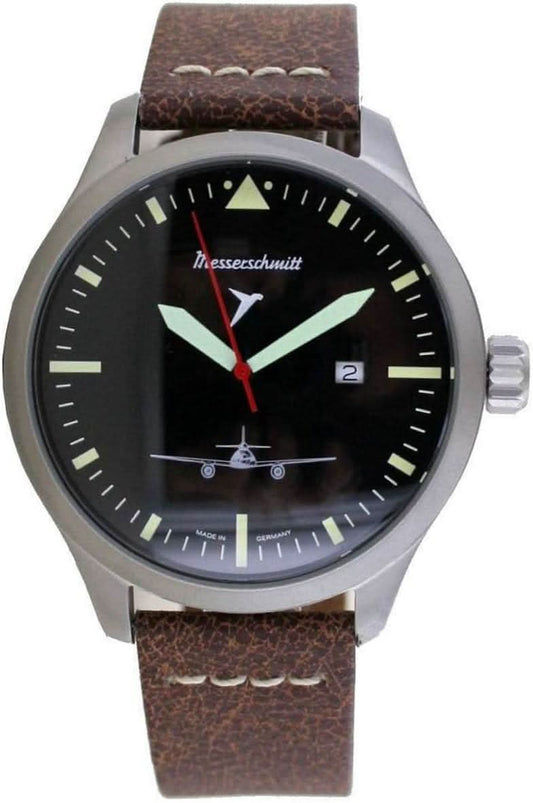 Herrklocka Messerschmitt med svart urtavla, brunt läderarmband och visare