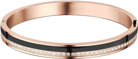 Armband i rostfritt stål med svart dekorrand och gnistrande strassstenar, finish i roséguld