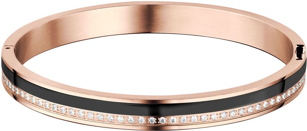 Roséguldpläterad armband i rostfritt stål med svart dekorlist och strassdetaljer.