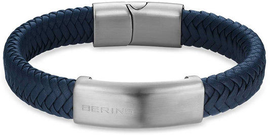 Flätat läderarmband, mörkblått, med silverfärgat lås och Bering-gravyr