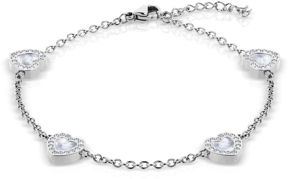 Armband i rostfritt stål med hjärthängen och gnistrande stenar, länkar