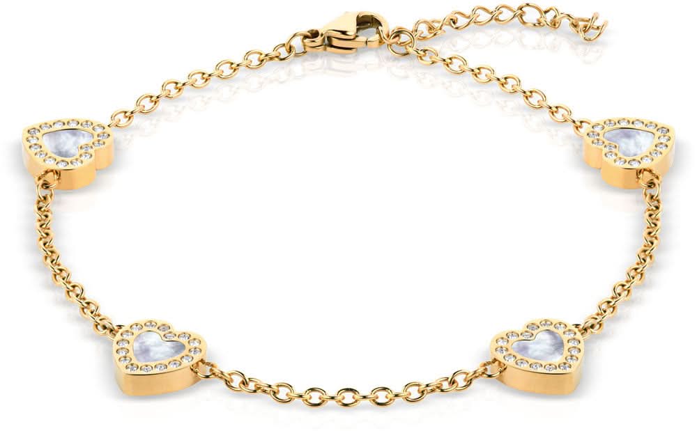 Guldpläterat armband med hjärtformade element och blåskimrande steninlägg