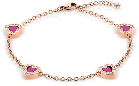 Armband i rostfritt stål med roséguldfärgad kedja och hjärtformade hängen med lila inlägg