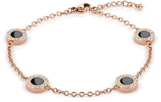Armband i rosafärg med ovala länkar, svart inlägg och gnistrande stenar