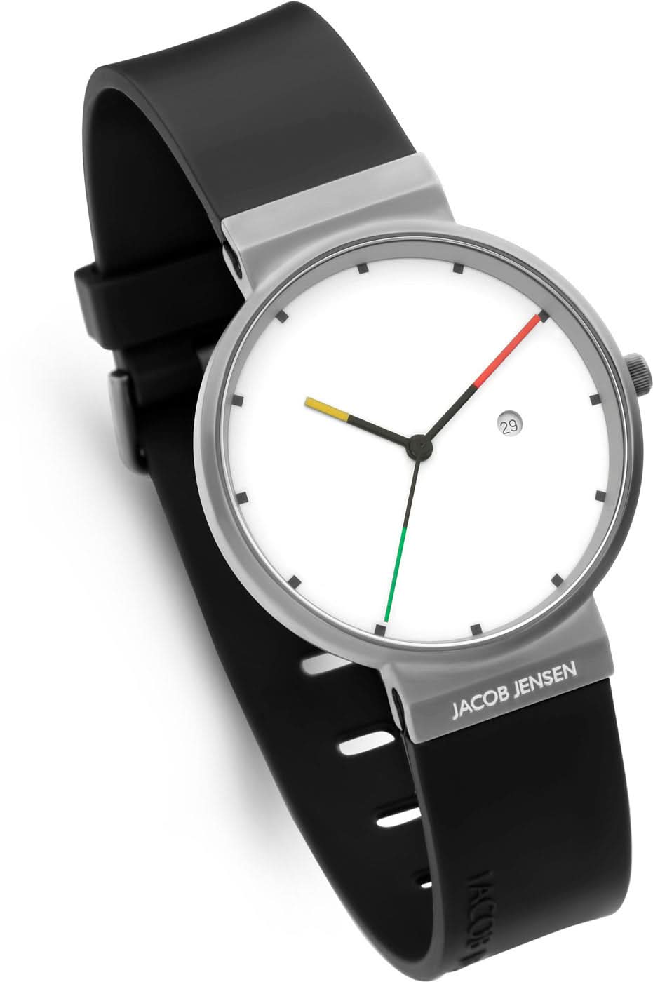 Unisex Jacob Jensen titanur med vit urtavla, färgade visare och svart silikonarmband