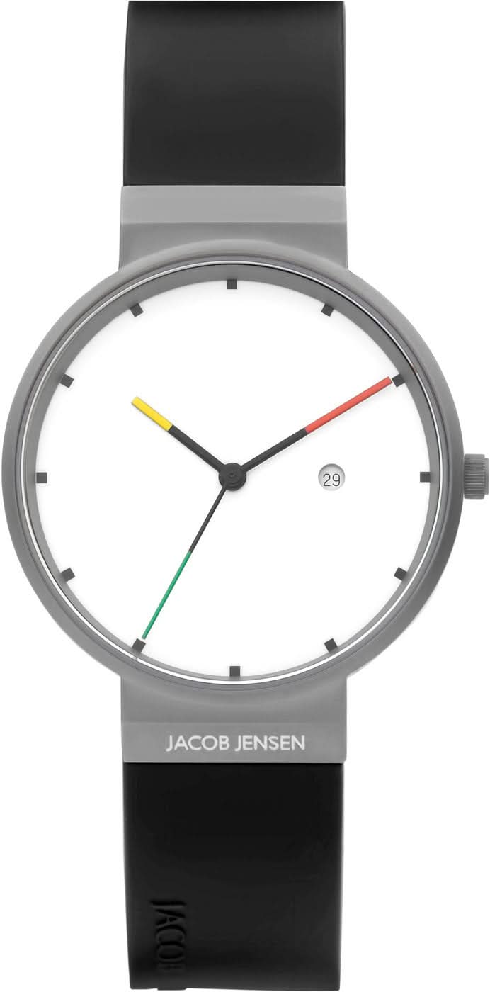 Unisex Jacob Jensen titanur med vit urtavla, färgade visare och svart armband
