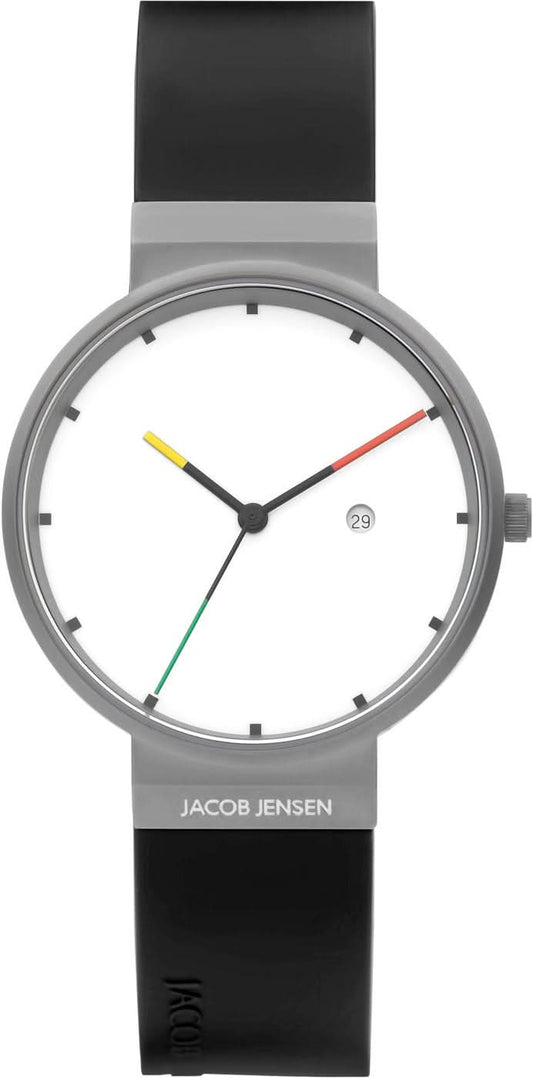 Unisex Jacob Jensen titanur med vit urtavla, färgade visare och svart armband