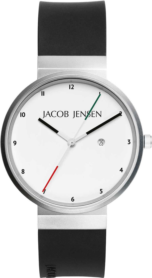 Jacob Jensen herrur med vit urtavla, svarta visare och svart gummiarmband
