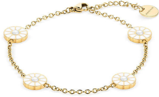 Armband med guldfärgade kedjelänkar och runda hängen med ljusa detaljer