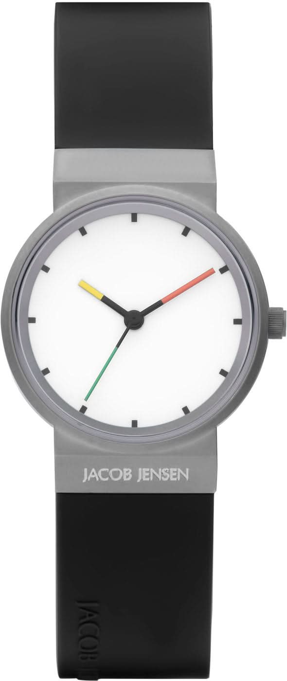 Jacob Jensen damklocka med vit urtavla, färgade visare och svart titanarmband