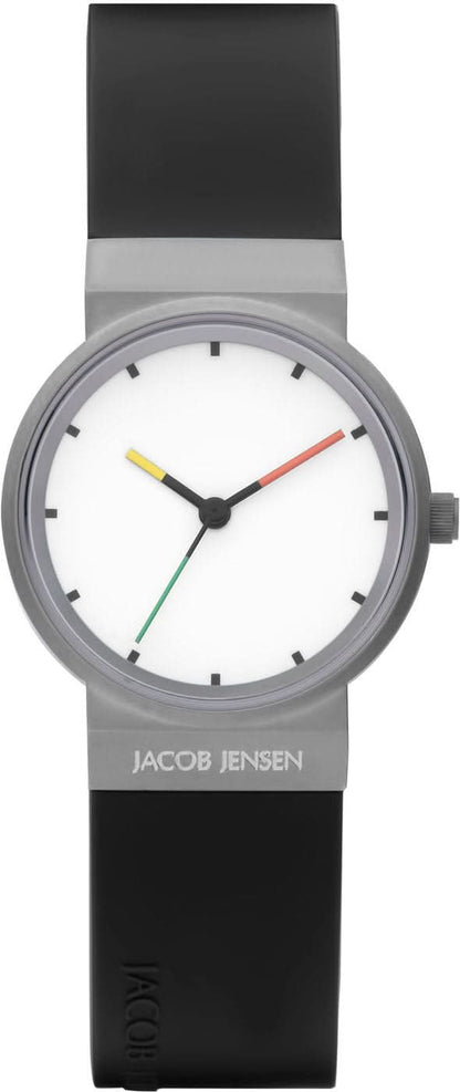 Jacob Jensen damklocka med vit urtavla, färgade visare och svart titanarmband