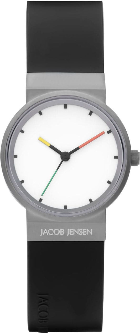 Jacob Jensen damklocka med vit urtavla, färgade visare och svart titanarmband