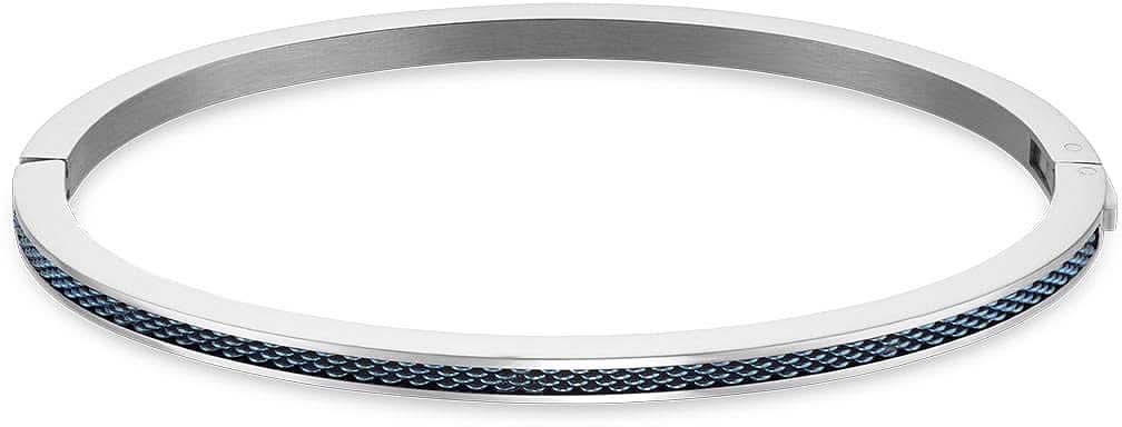 Armband i rostfritt stål med blått tygband längs mitten och slät yta