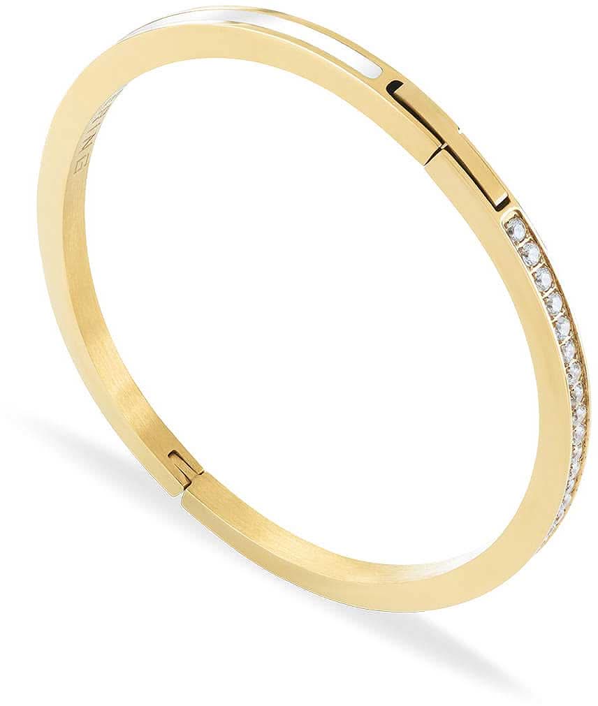Guldtonat armband i rostfritt stål med prydnadsstenar längs kanten och synligt gångjärn